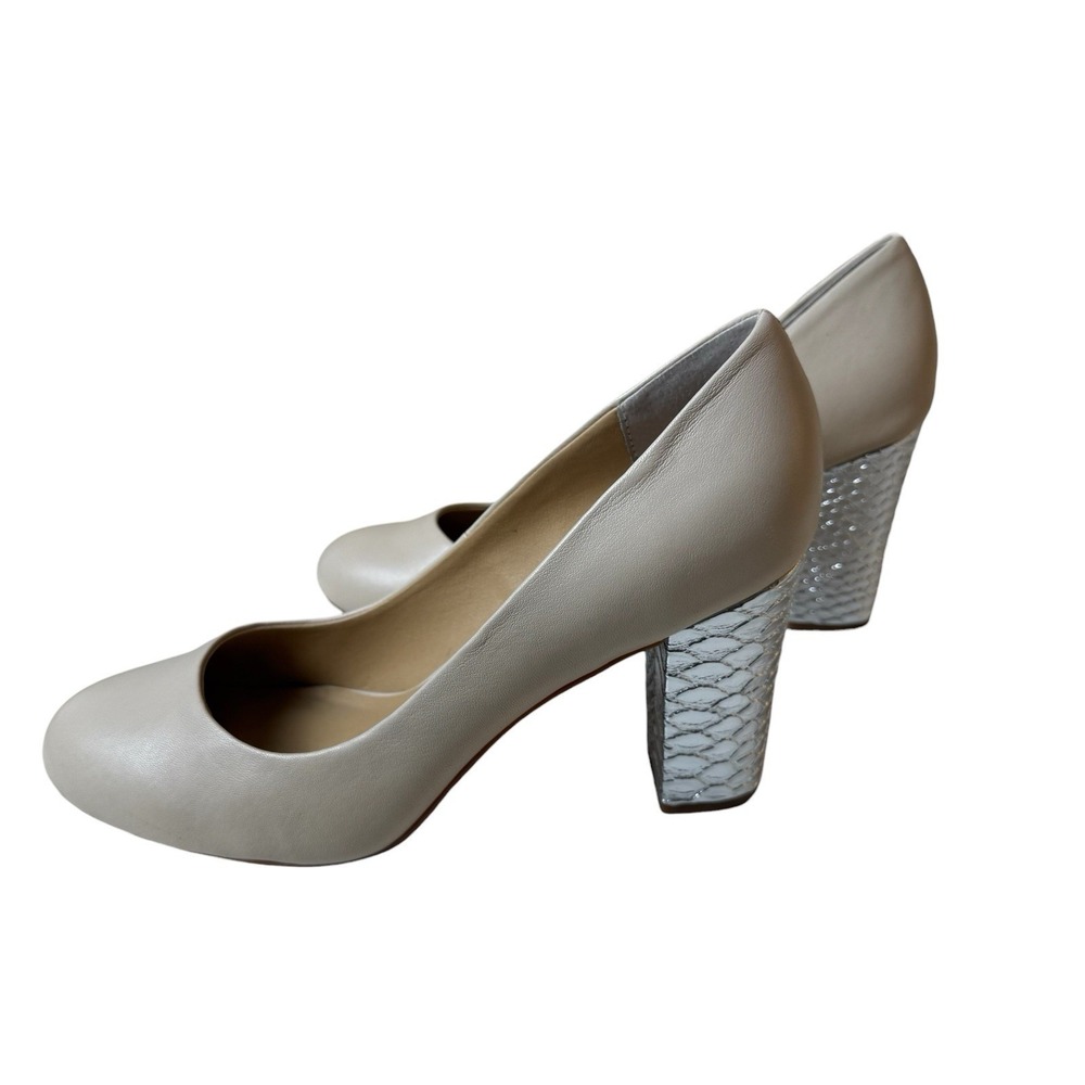 Seychelles Nude Leather Heels Silver Block Heel Size 10 Neutral Minimalist